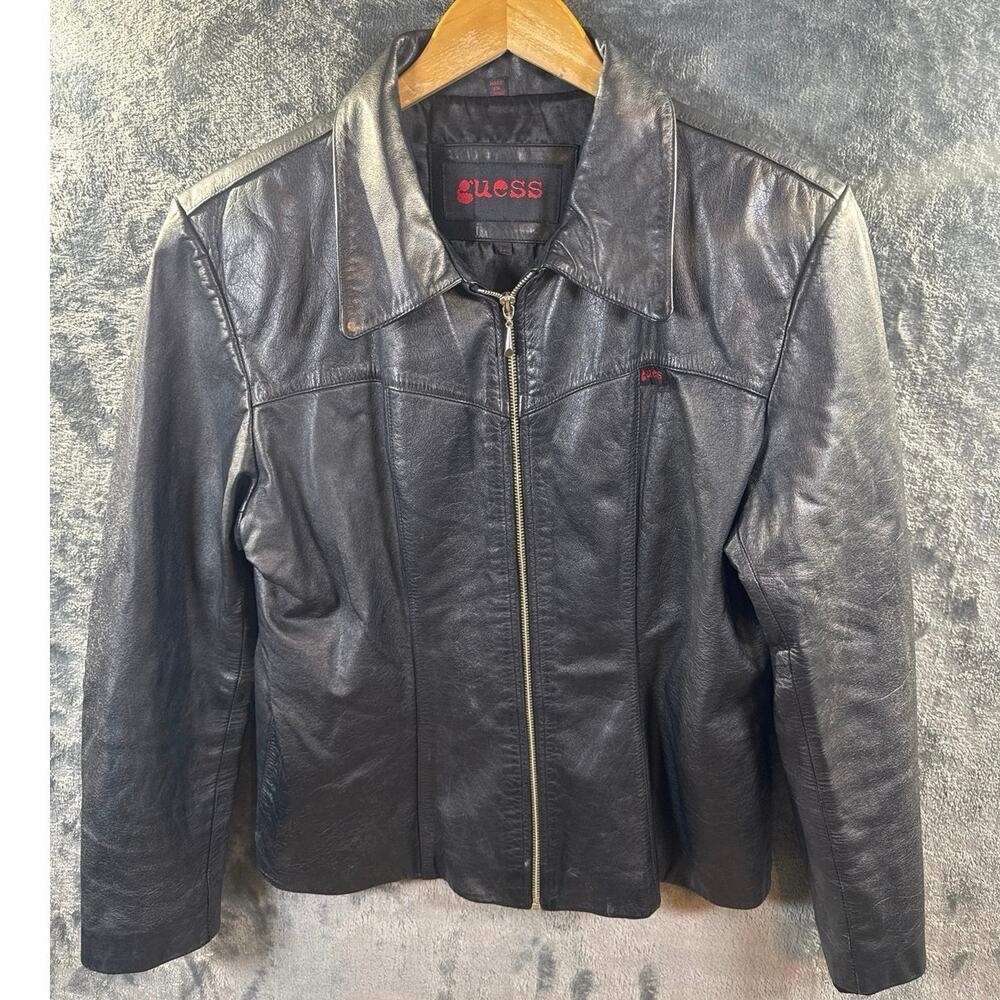 VTG 90s/Y2K GUESS Women's Genuine Leather Motorcycle Biker Jacket Large Black